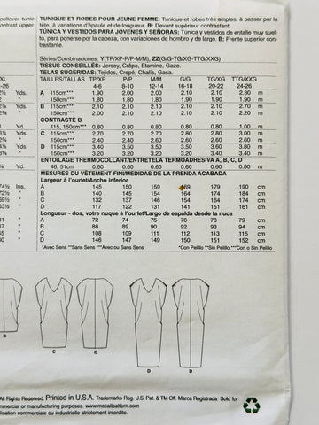 TUNIC & DRESSES : McCall’s Sewing Pattern Palmer Pletsch 2017 Size LRG-XLG-XXL Uncut FF *M7596