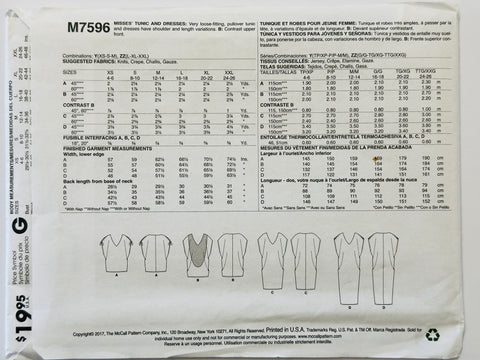 TUNIC & DRESSES : McCall’s Sewing Pattern Palmer Pletsch 2017 Size LRG-XLG-XXL Uncut FF *M7596