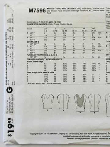 TUNIC & DRESSES : McCall’s Sewing Pattern Palmer Pletsch 2017 Size LRG-XLG-XXL Uncut FF *M7596