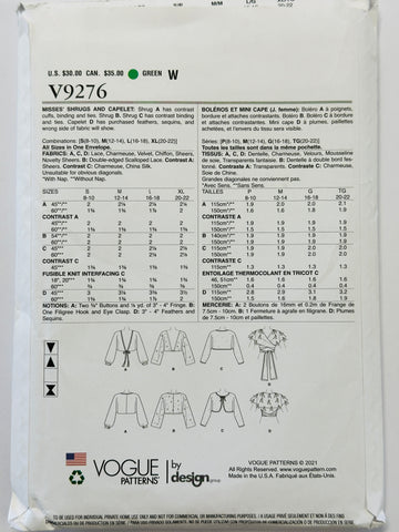 SHRUGS & CAPELET : Vogue Accessories Sewing Pattern 2021 One-Size-Fits-All Complete Uncut FF *V9276