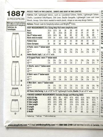 PANTS, SHORTS & SKIRT IN TWO LENGTHS: Easy-To-Sew Simplicity Sewing Pattern 2022 Sizes 16-24 Complete Uncut FF *1887