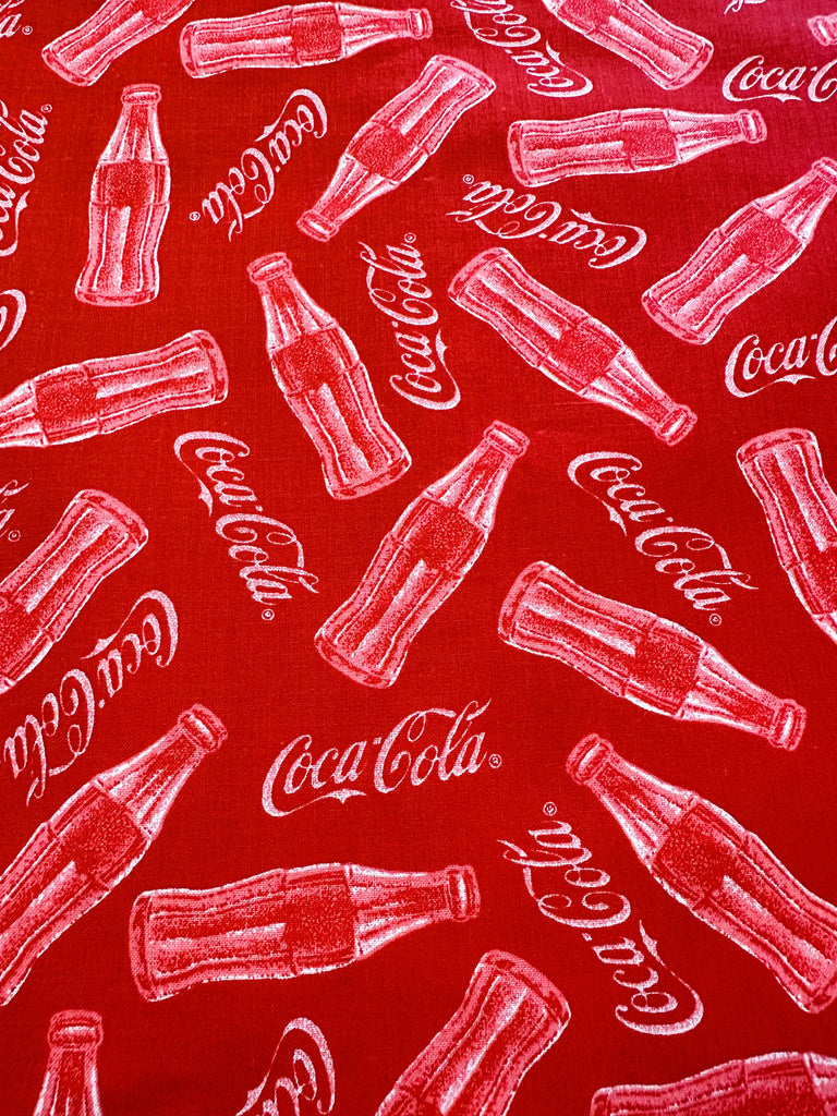 LAST PIECE Vintage Fabric 1990s? Coca-Cola Spectrix Coke Bottles on Red Quilt Cotton 116cm Wide