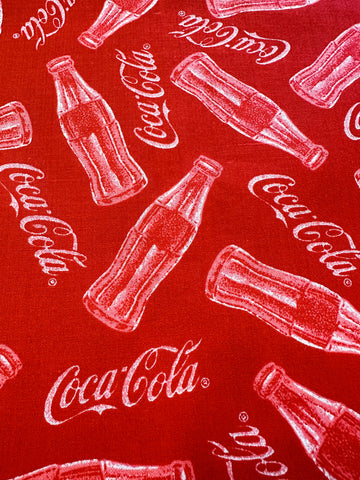 LAST PIECE Vintage Fabric 1990s? Coca-Cola Spectrix Coke Bottles on Red Quilt Cotton 116cm Wide