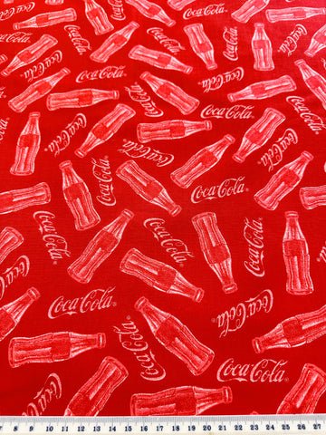 LAST PIECE Vintage Fabric 1990s? Coca-Cola Spectrix Coke Bottles on Red Quilt Cotton 116cm Wide