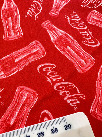 LAST PIECE Vintage Fabric 1990s? Coca-Cola Spectrix Coke Bottles on Red Quilt Cotton 116cm Wide