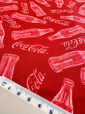 LAST PIECE Vintage Fabric 1990s? Coca-Cola Spectrix Coke Bottles on Red Quilt Cotton 116cm Wide