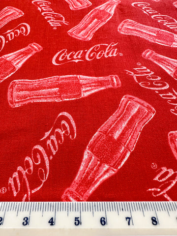 LAST PIECE Vintage Fabric 1990s? Coca-Cola Spectrix Coke Bottles on Red Quilt Cotton 116cm Wide