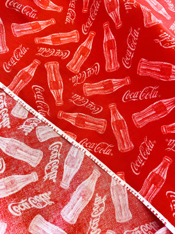 LAST PIECE Vintage Fabric 1990s? Coca-Cola Spectrix Coke Bottles on Red Quilt Cotton 116cm Wide