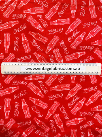 LAST PIECE Vintage Fabric 1990s? Coca-Cola Spectrix Coke Bottles on Red Quilt Cotton 116cm Wide