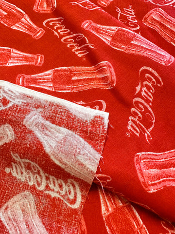 LAST PIECE Vintage Fabric 1990s? Coca-Cola Spectrix Coke Bottles on Red Quilt Cotton 116cm Wide