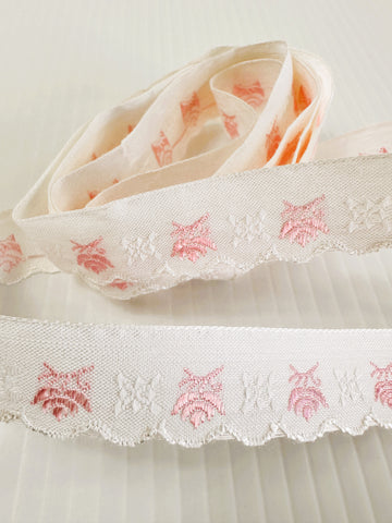 1m LEFT: Vintage? Cotton Trim Scalloped Edge Pink & White Flowers 20mm Wide