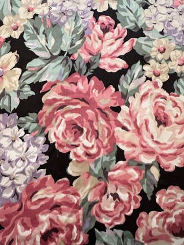 4m LEFT: Vintage Fabric 1980s? Dramatic Large Romantic Floral on Black Base 118cm Wide