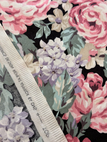 3.5m LEFT: Vintage Fabric 1980s? Dramatic Large Romantic Floral on Black Base 118cm Wide