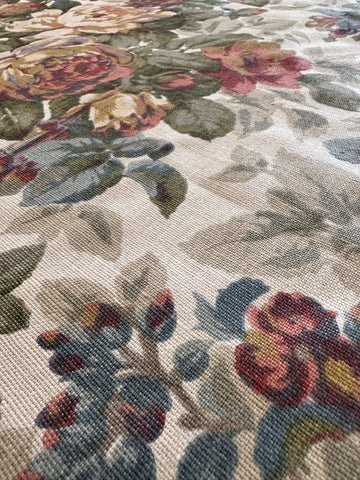 FIVE PATTERN REPEATS LEFT: Vintage Fabric 1980s? 90s? Muted Large Floral Bouquet Cotton Linen Blend Upholstery 138cm Wide