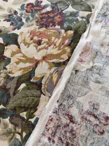 FIVE PATTERN REPEATS LEFT: Vintage Fabric 1980s? 90s? Muted Large Floral Bouquet Cotton Linen Blend Upholstery 138cm Wide