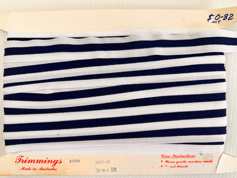 20m LEFT: Vintage 1980s Woven Elastic Trim Navy Blue w/ White 25mm Wide