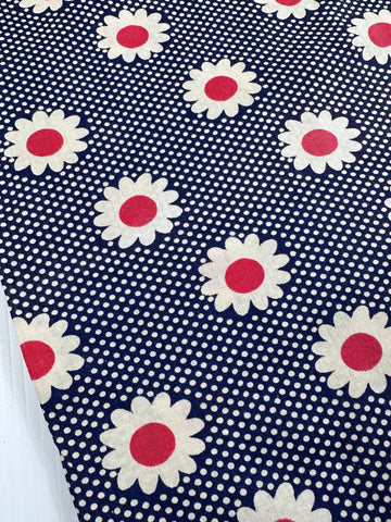 LAST 1/2m: Vintage Fabric MCM 1950s Dress Cotton w/ Classic Navy Blue Red Flowers & Spots 86cm Wide