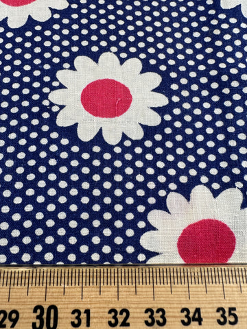 LAST 1/2m: Vintage Fabric MCM 1950s Dress Cotton w/ Classic Navy Blue Red Flowers & Spots 86cm Wide