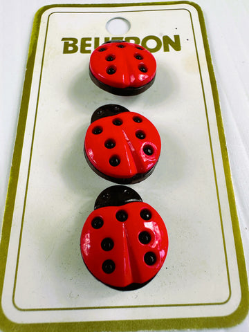 ONE SET ONLY: Modern Novelty Buttons x 3 2000s Plastic Ladybird Ladybug Beetles Shank 14mm x 17mm