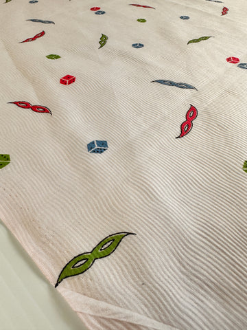 3.5m LEFT: Vintage Fabric 1950s Midcentury Embossed Pale Pink Cotton w/ Harlequin Mask & Dice