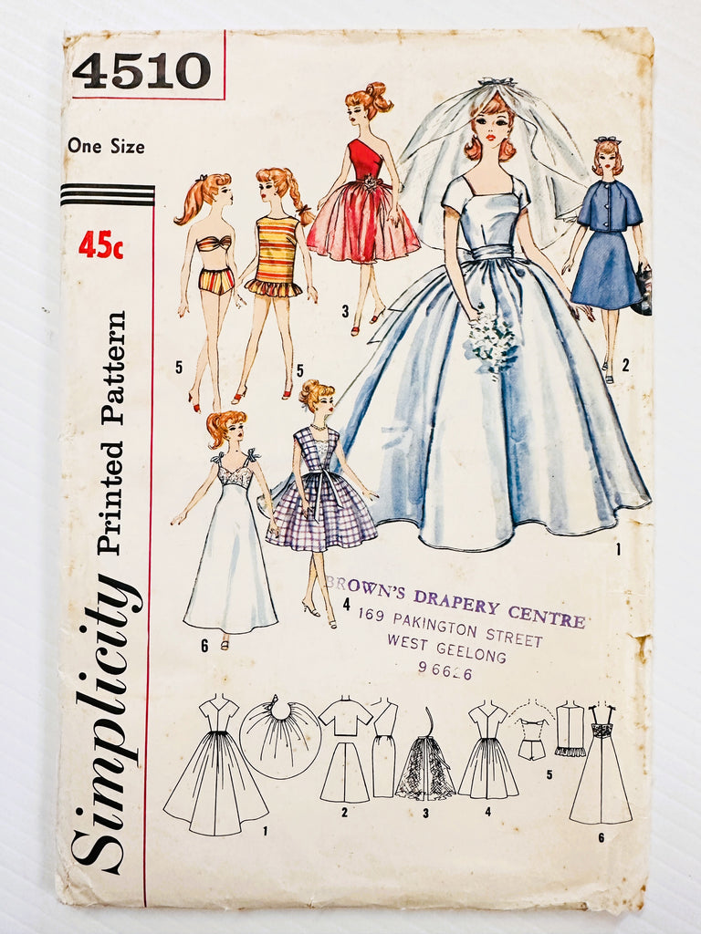 BRIDAL GOWN TROUSSEAU DOLL CLOTHES 11 1/2 INCH BARBIE BABETTE ETC: Simplicity Sewing Pattern 1965 Unused FF *4510