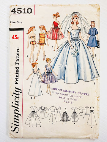 BRIDAL GOWN TROUSSEAU DOLL CLOTHES 11 1/2 INCH BARBIE BABETTE ETC: Simplicity Sewing Pattern 1965 Unused FF *4510