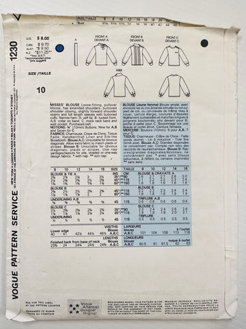 MISSES' BLOUSE: Vogue American Designer Sewing Pattern 1987 Calvin Klein Size 10 *1230