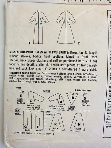 ONE-PIECE DRESS w/ TWO SKIRTS: Simplicity Size 12 Bust 32 Unused 1962 *4694