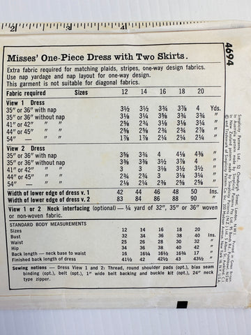 ONE-PIECE DRESS w/ TWO SKIRTS: Simplicity Size 12 Bust 32 Unused 1962 *4694