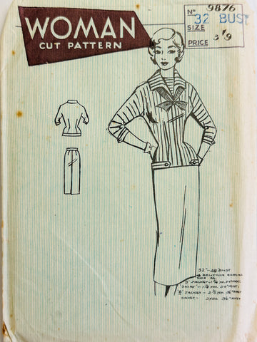 SAILOR INSPIRED TOP w/ SKIRT: Woman Cut Pattern Size 32 Bust Unused FF 1950s *9876