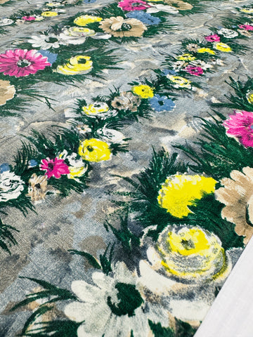 1m LEFT: Vintage Fabric 1940s 1950s Dress Cotton Lines of Bright Floral on Mottled Grey