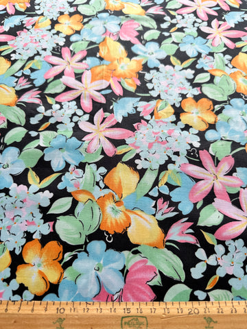 1m LEFT: Vintage Fabric 1980s? Bright Tropical Pattern on Jet Black Base Cotton Blend