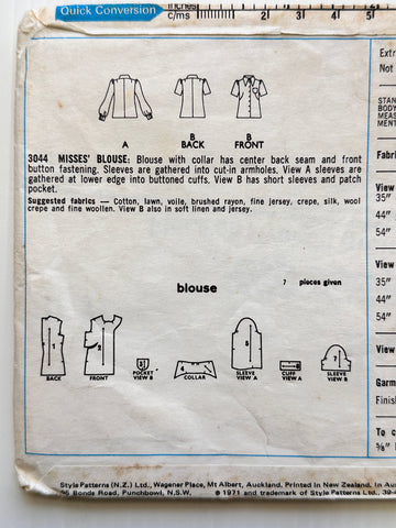 MISSES BLOUSE - SO RETRO!: Style Sewing Pattern Unused 1971 Ladies Size 16 *3044