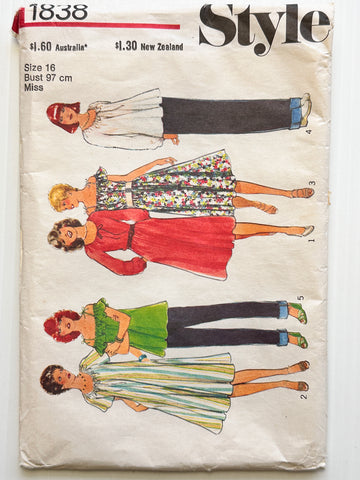 MISSES PEASANT BOHO DRESS or TOP: Style Sewing Pattern Unused 1978 Ladies Size 16 *1838