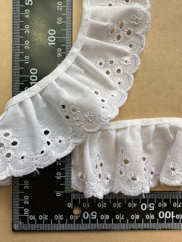 1.5m LEFT: Modern Gathered Lace Trim White Broderie Anglaise 45mm Wide