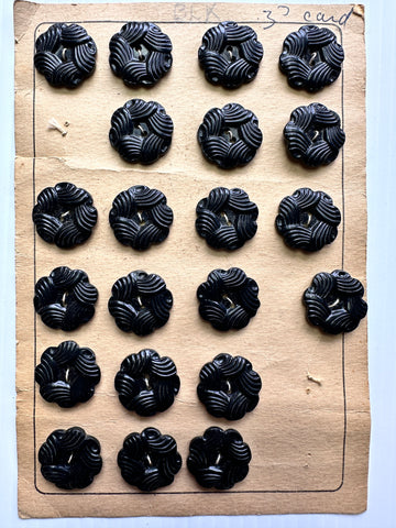 21 LEFT: Antique Vintage Buttons New on Card 1930s Black Pressed Casein 2-Hole 23mm