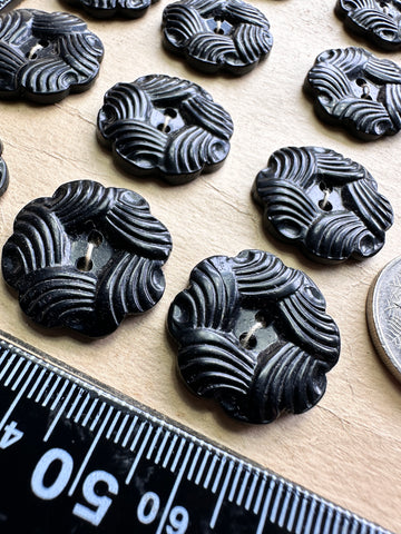 21 LEFT: Antique Vintage Buttons New on Card 1930s Black Pressed Casein 2-Hole 23mm