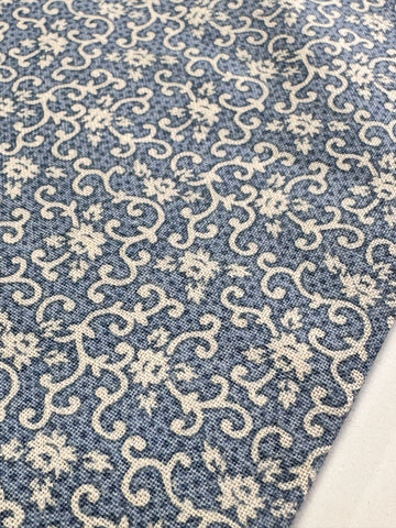 2m LEFT: Modern? Vintage? Fabric 1980s? Tiny White Flowers & Scrolls on Blue Dots 112cm Wide