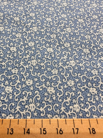 2m LEFT: Modern? Vintage? Fabric 1980s? Tiny White Flowers & Scrolls on Blue Dots 112cm Wide