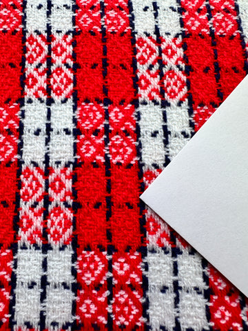 1.5m LEFT: Vintage Fabric Mod 1960s 70s Bonded Wool Blend w/ Bright Red White Navy Check