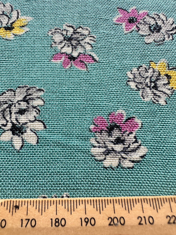 3.5m LEFT: Vintage Fabric MCM 1930s Heavy Dress Cotton Turquoise w/ Floral