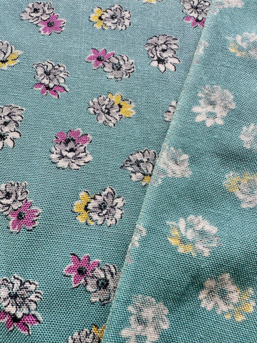 SINGLE REMNANT: Vintage Fabric MCM 1930s Heavy Dress Cotton Turquoise w/ Floral 41cm x 50cm