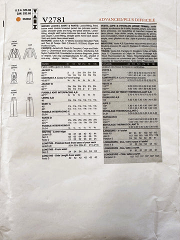 JACKET, SKIRT & PANTS: Vogue NY Collection Sewing Pattern 2003 Uncut FF Size 8 10 12 *V2781