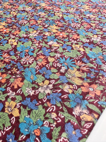 1.5m LEFT: Vintage Fabric Cotton 1960s 1970s Bright Floral on Brown 88cm Wide