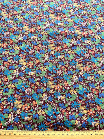 1.5m LEFT: Vintage Fabric Cotton 1960s 1970s Bright Floral on Brown 88cm Wide