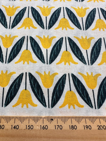 1.5m LEFT: Modern Quilt Cotton 2000s+ Scandi Style Yellow Tulip Aegean Blue Leaves 100cm Wide