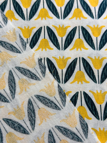 1.5m LEFT: Modern Quilt Cotton 2000s+ Scandi Style Yellow Tulip Aegean Blue Leaves 100cm Wide