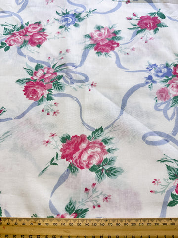 ONE ONLY: Vintage Fabric Pillow Case 1980s Pink Roses Romantic Country Floral 72cm x 46cm