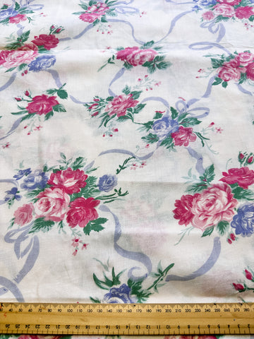 4m LEFT: Vintage Fabric Cotton Sheeting 1980s Pink Roses Romantic Country Floral 150cm Wide