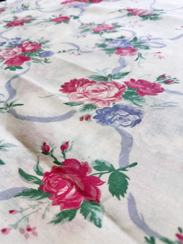 4m LEFT: Vintage Fabric Cotton Sheeting 1980s Pink Roses Romantic Country Floral 150cm Wide